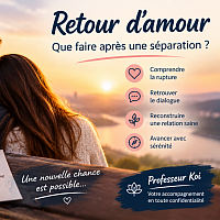 Illustration représentant un couple après une séparation, symbolisant le retour d’amour, la reprise du dialogue et la reconstruction d’une relation. Cette image accompagne l’article de Professeur Koi consacré aux démarches sentimentales après une rupture.